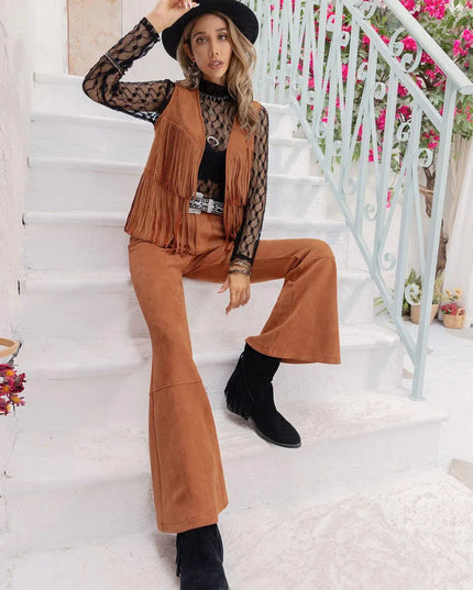 Chic Tassel Fringe Vest and Flared Pants Ensemble