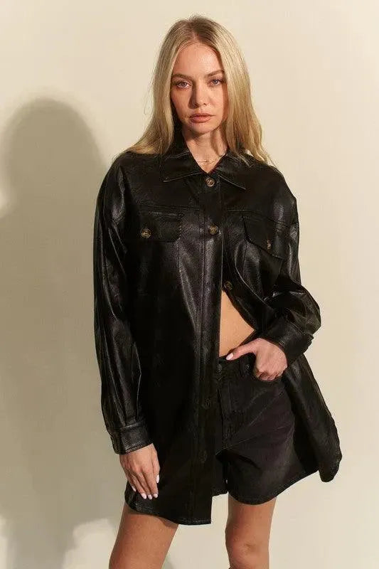 Faux Leather Utility Jacket with Button-Up Front and Chest Pockets