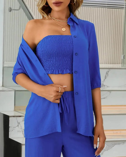 Three-Piece Smocked Crop Top, Button-Up Shirt, and Drawstring Trousers Set