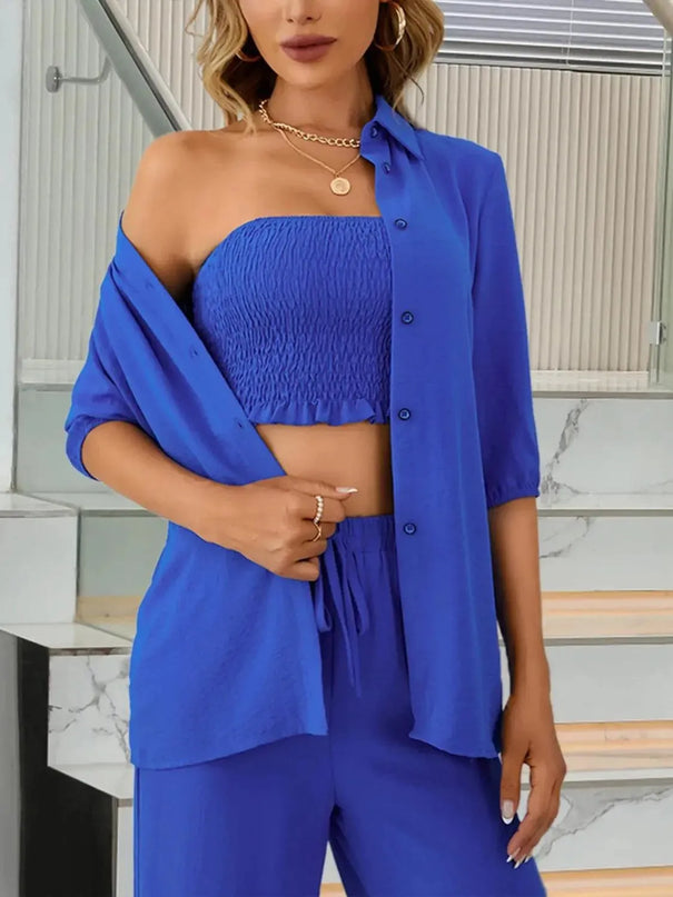 Three-Piece Smocked Crop Top, Button-Up Shirt, and Drawstring Trousers Set