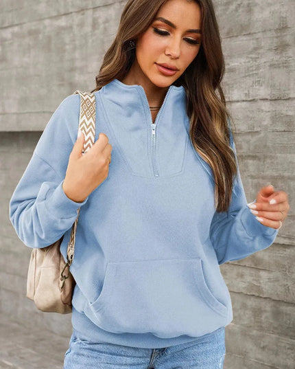 Casual Pocketed Quarter Zip Sweatshirt with Dropped Shoulders