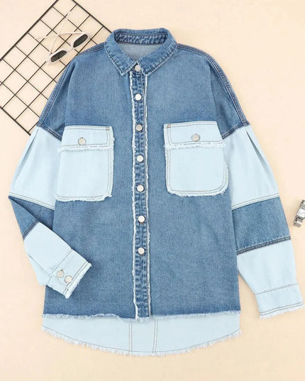 Raw Hem Color Block Denim Jacket - ShopEasier