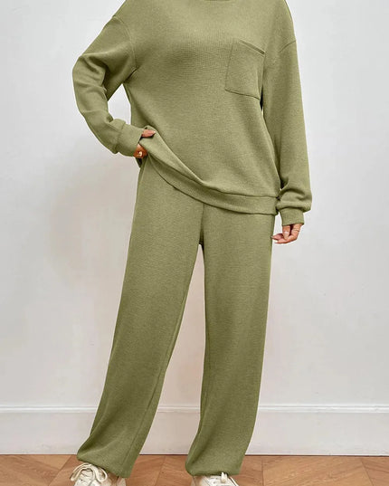 Pocketed Two-Piece Round Neck Lounge Set with Pants