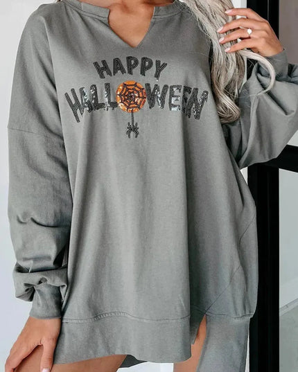 Sequin Letter Graphic Notched Long Sleeve Sweatshirt - ShopEasier