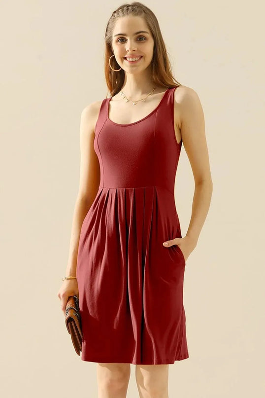 Doublju Full Size Round Neck Ruched Sleeveless Dress with Pockets - ShopEasier