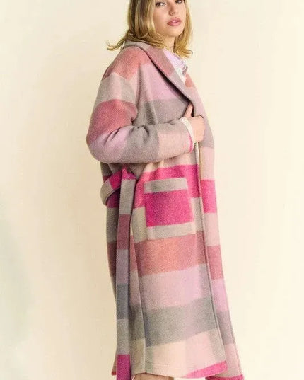 Color Block Collared Neck Tie Coat by Davi & Dani