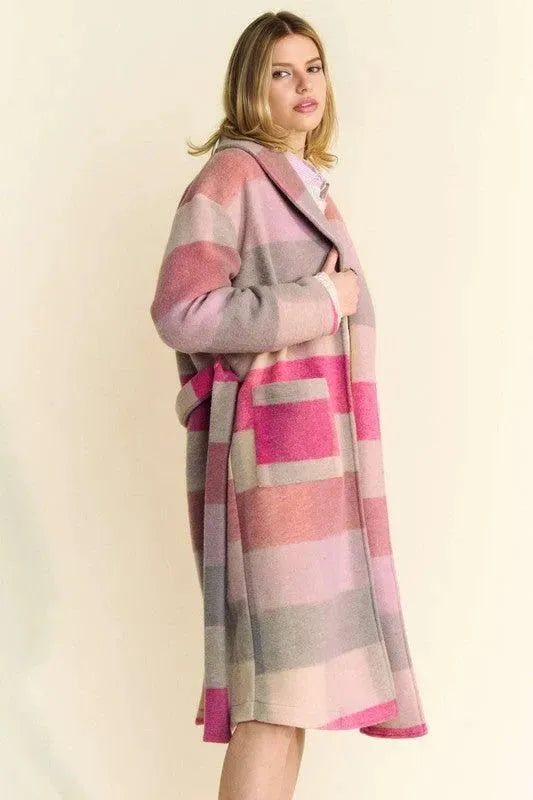 Color Block Collared Neck Tie Coat by Davi & Dani