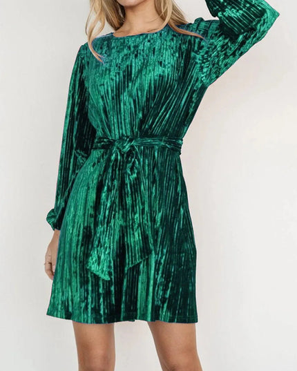 Velvet Round Neck Tie Waist Long Sleeve Mini Dress