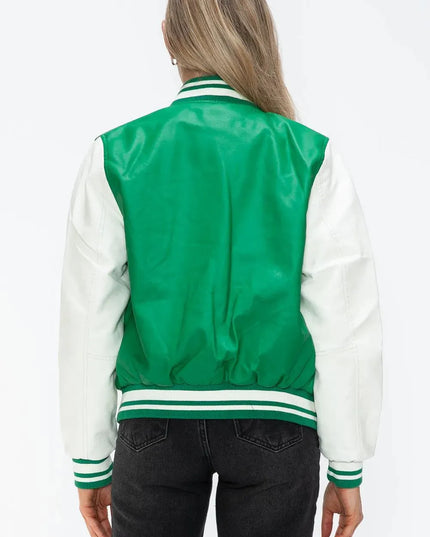 Love Me Now PU Leather Contrast Snap Down Bomber Jacket - ShopEasier