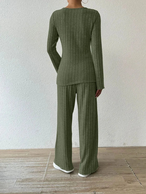 V-Neck Ribbed Long Sleeve Top with Pocketed Trousers Set