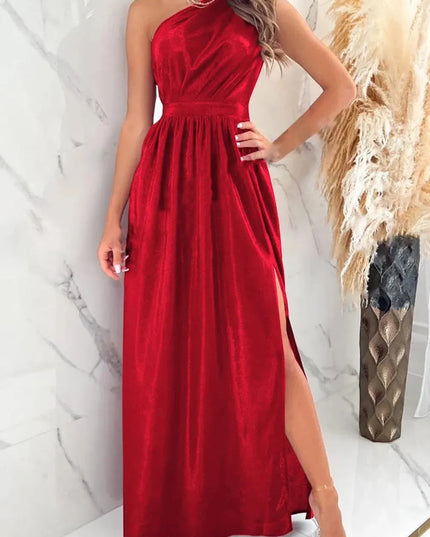 One Shoulder Slit Ruched Maxi Dress