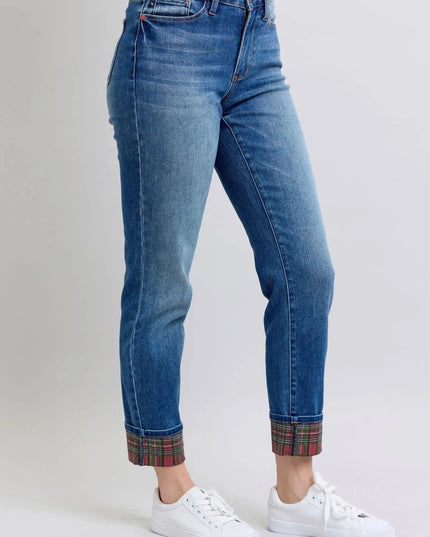 Judy Blue Full Size Plaid Print Cuff Straight Leg Jeans with Pockets - ShopEasier