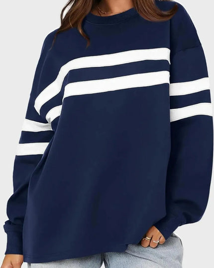 Lovelet Striped Round Neck Dropped Shoulder Sweatshirt - ShopEasier