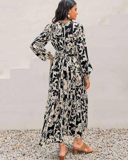 Smocked Printed Tie Neck Long Sleeve Dress - ShopEasier