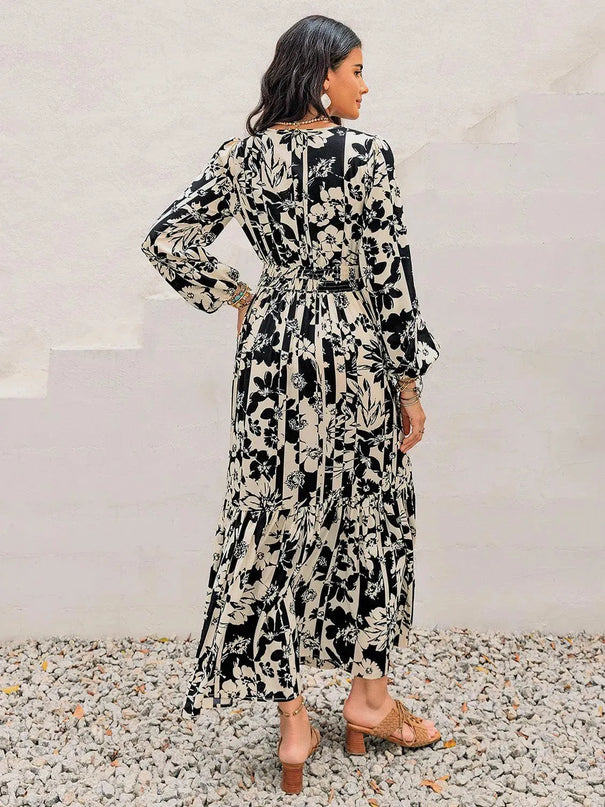 Smocked Printed Tie Neck Long Sleeve Dress - ShopEasier