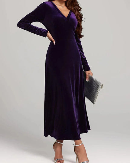 V-Neck Long Sleeve Velvet Dress - ShopEasier