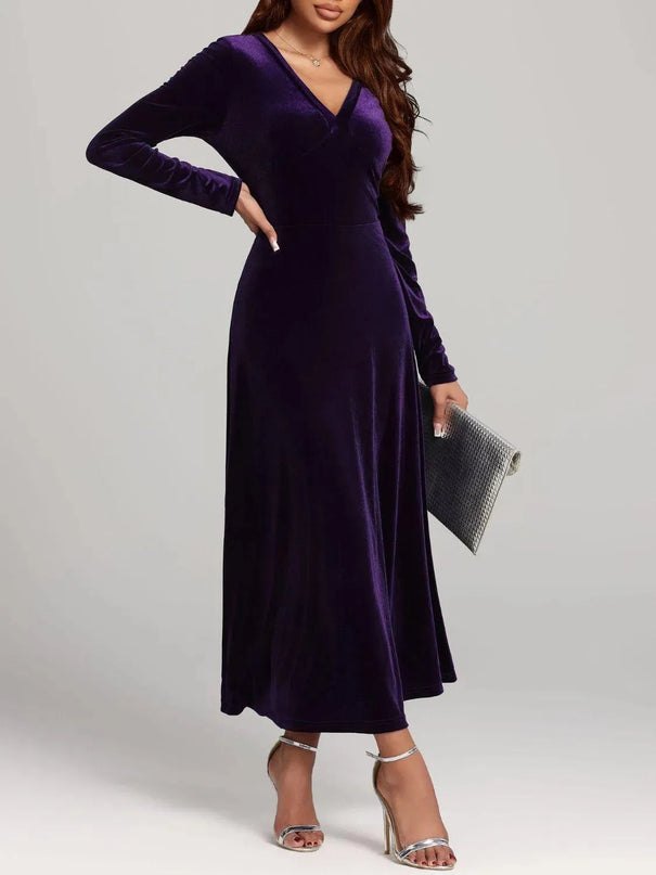 V-Neck Long Sleeve Velvet Dress - ShopEasier