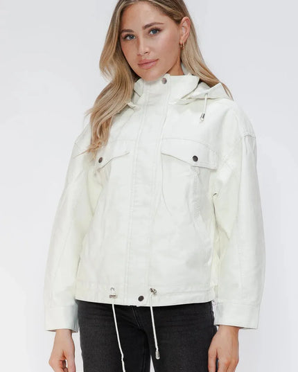 How Dare U Drawstring Hem PU Leather Zip Up Jacket - ShopEasier