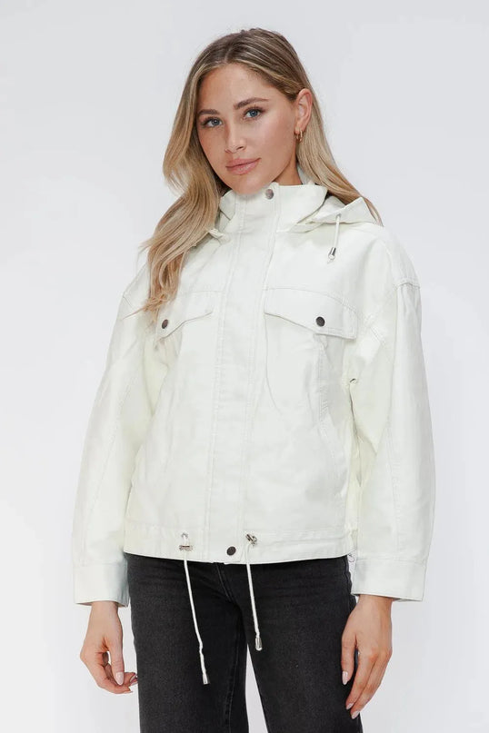 How Dare U Drawstring Hem PU Leather Zip Up Jacket - ShopEasier