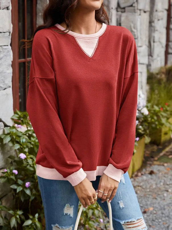 Contrast Lovelet Round Neck Long Sleeve Pullover