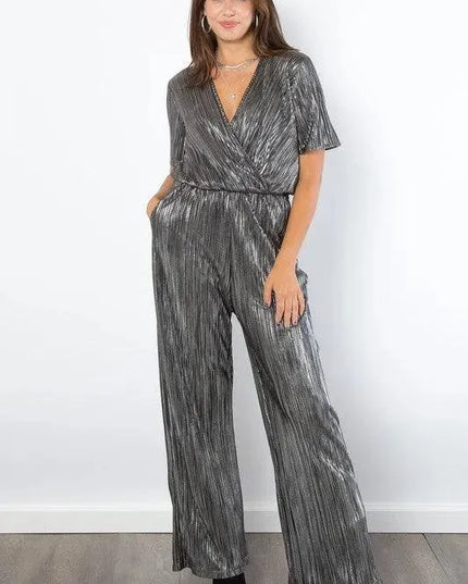 Be Stage Surplice Short Sleeve Pleated Foil Jumpsuit - ShopEasier