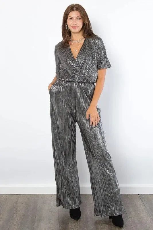 Be Stage Surplice Short Sleeve Pleated Foil Jumpsuit - ShopEasier