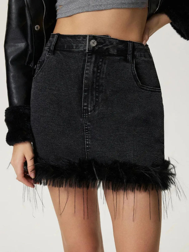 Plush Hem Mini Denim Skirt - ShopEasier