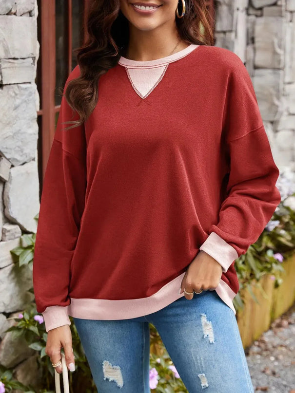 Contrast Lovelet Round Neck Long Sleeve Pullover