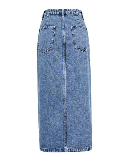 Slit Asymmetrical Waistband Midi Denim Skirt - ShopEasier