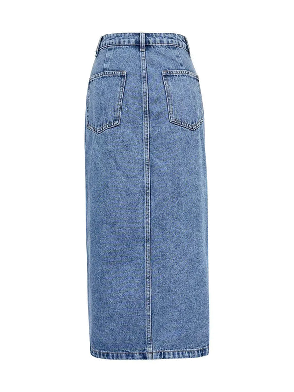 Slit Asymmetrical Waistband Midi Denim Skirt - ShopEasier