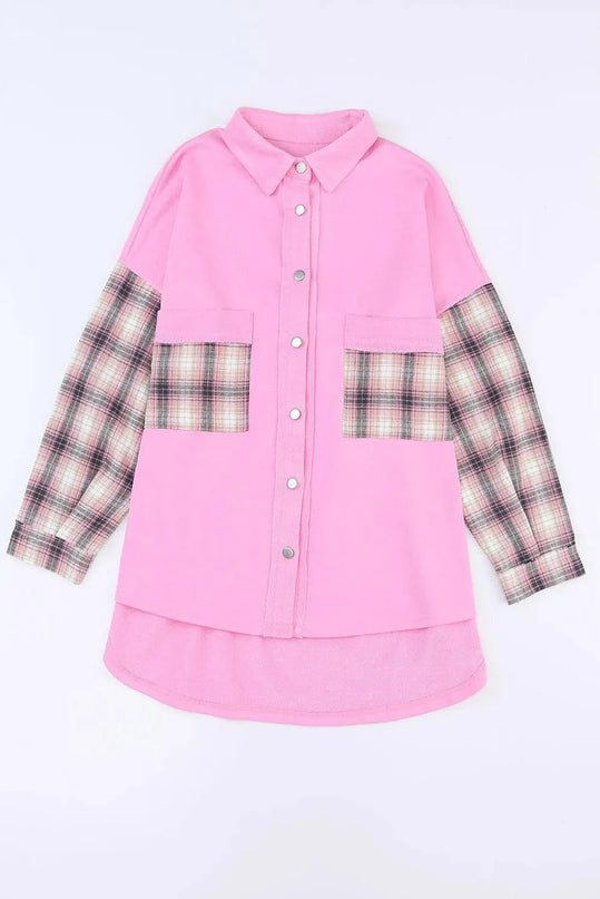 Plaid Button Up Shacket with Chest Pockets - ShopEasier