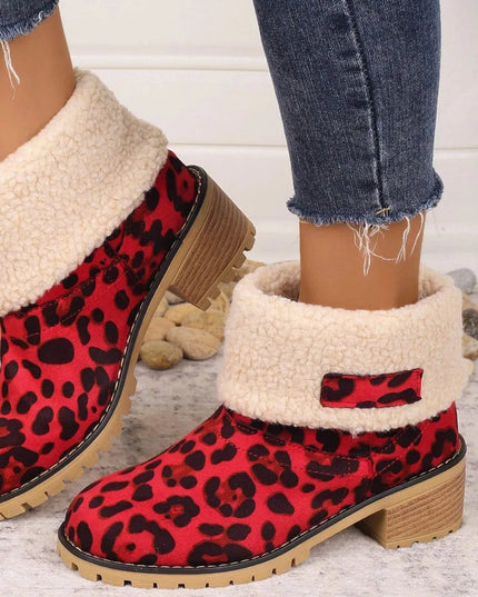 Leopard Block Heel Fuzzy Boots - ShopEasier