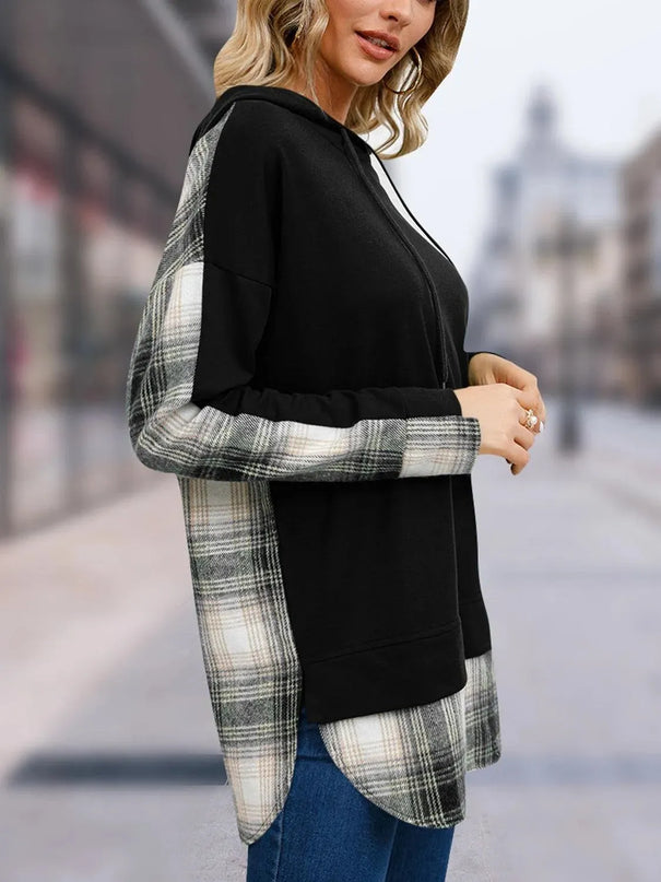 Plaid Drawstring Long Sleeve Slit Hoodie - ShopEasier