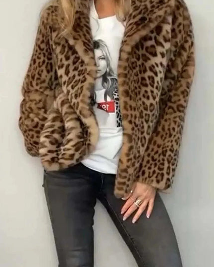 Full Size Leopard Furry Collared Neck Long Sleeve Coat - ShopEasier