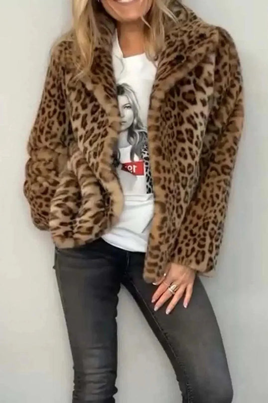 Full Size Leopard Furry Collared Neck Long Sleeve Coat - ShopEasier