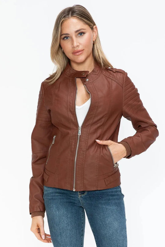 Snobbish PU Leather Biker Jacket with Side Zip Pockets - ShopEasier