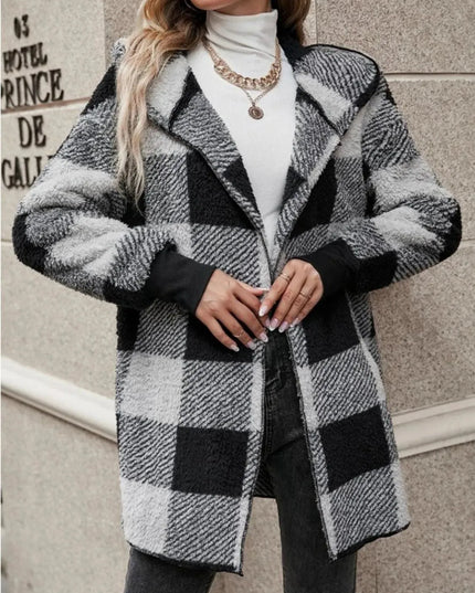 Plaid Long Sleeve Hooded Coat - ShopEasier