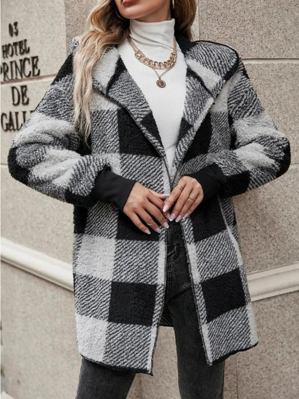 Plaid Long Sleeve Hooded Coat - ShopEasier