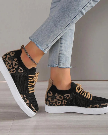 Lace-Up Leopard Flat Sneakers - ShopEasier