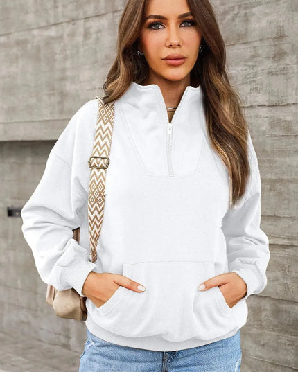 Casual Pocketed Quarter Zip Sweatshirt with Dropped Shoulders