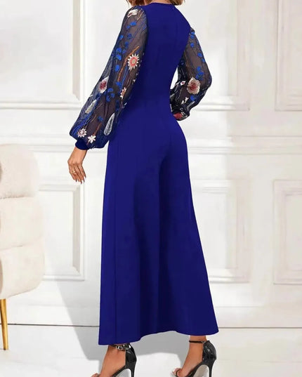 Surplice Embroidered Long Sleeve Wide Leg Jumpsuit - ShopEasier