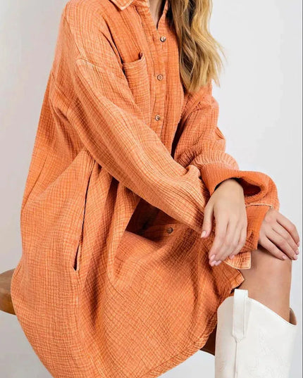 Pocketed Button Up Long Sleeve Shirt Dress