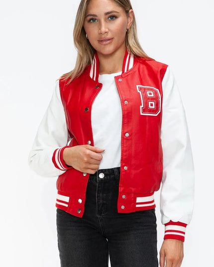 Love Me Now PU Leather Contrast Snap Down Bomber Jacket - ShopEasier