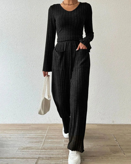 V-Neck Ribbed Long Sleeve Top with Pocketed Trousers Set