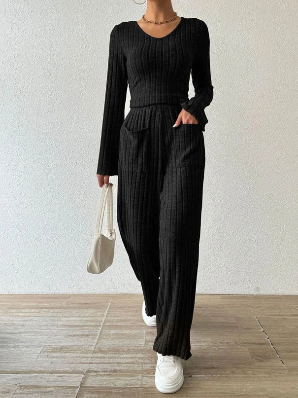 V-Neck Ribbed Long Sleeve Top with Pocketed Trousers Set