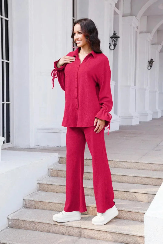 Flouncy Sleeve Drawstring Top and Pant Duo Set