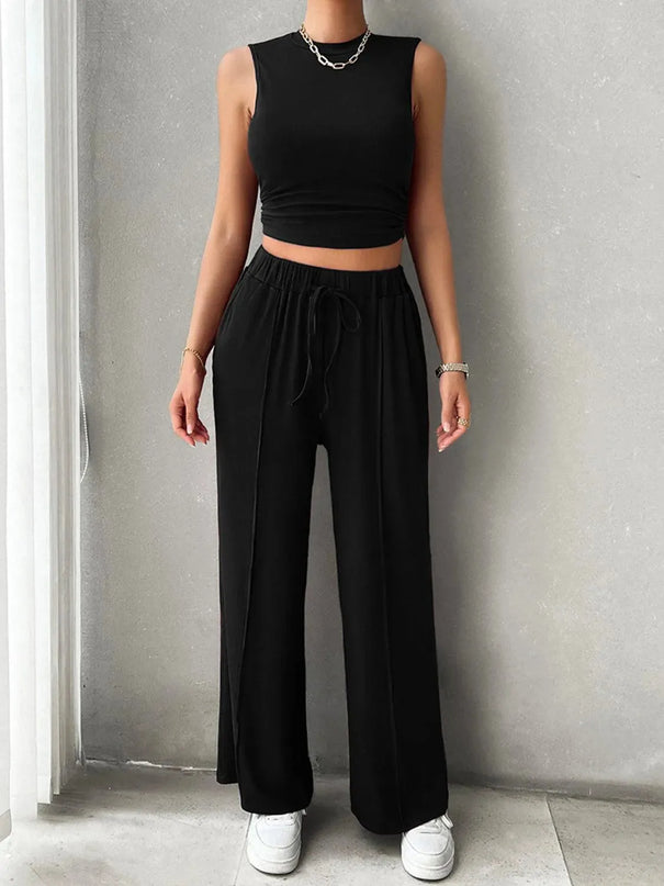 Devine Mock Neck Sleeveless Top and Drawstring Pants Set - ShopEasier