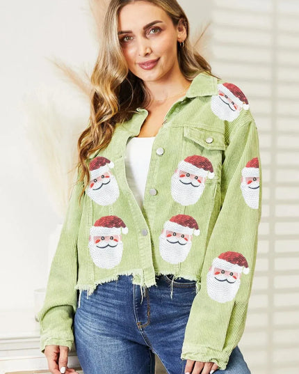 Chaqueta de Papá Noel con dobladillo sin rematar y adornos de lentejuelas