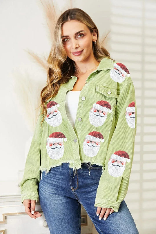 Chaqueta de Papá Noel con dobladillo sin rematar y adornos de lentejuelas