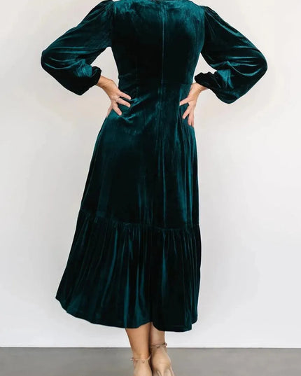 V-Neck Long Sleeve Midi Velvet Dress